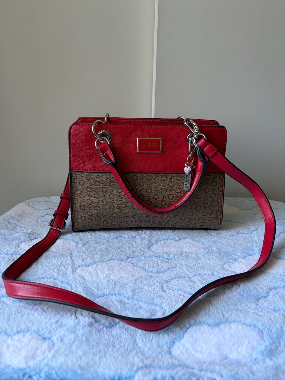 GUESS vintage Red and Brown Monogram Satchel Handbag